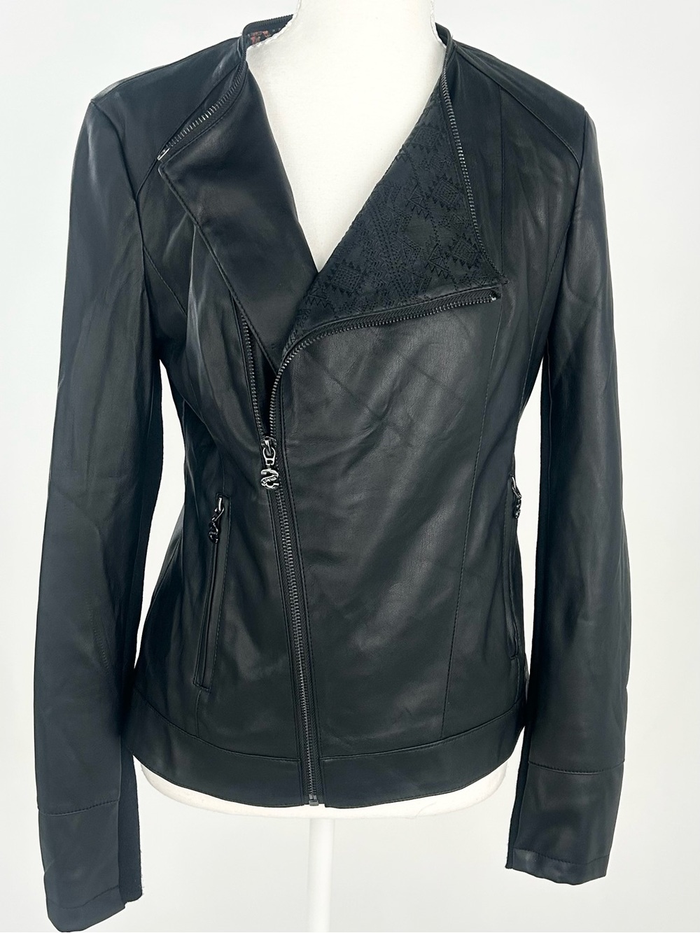 Desigual Preston Faux Leather Moto Jacket Asym Zip Embroidered EU 38 US 6